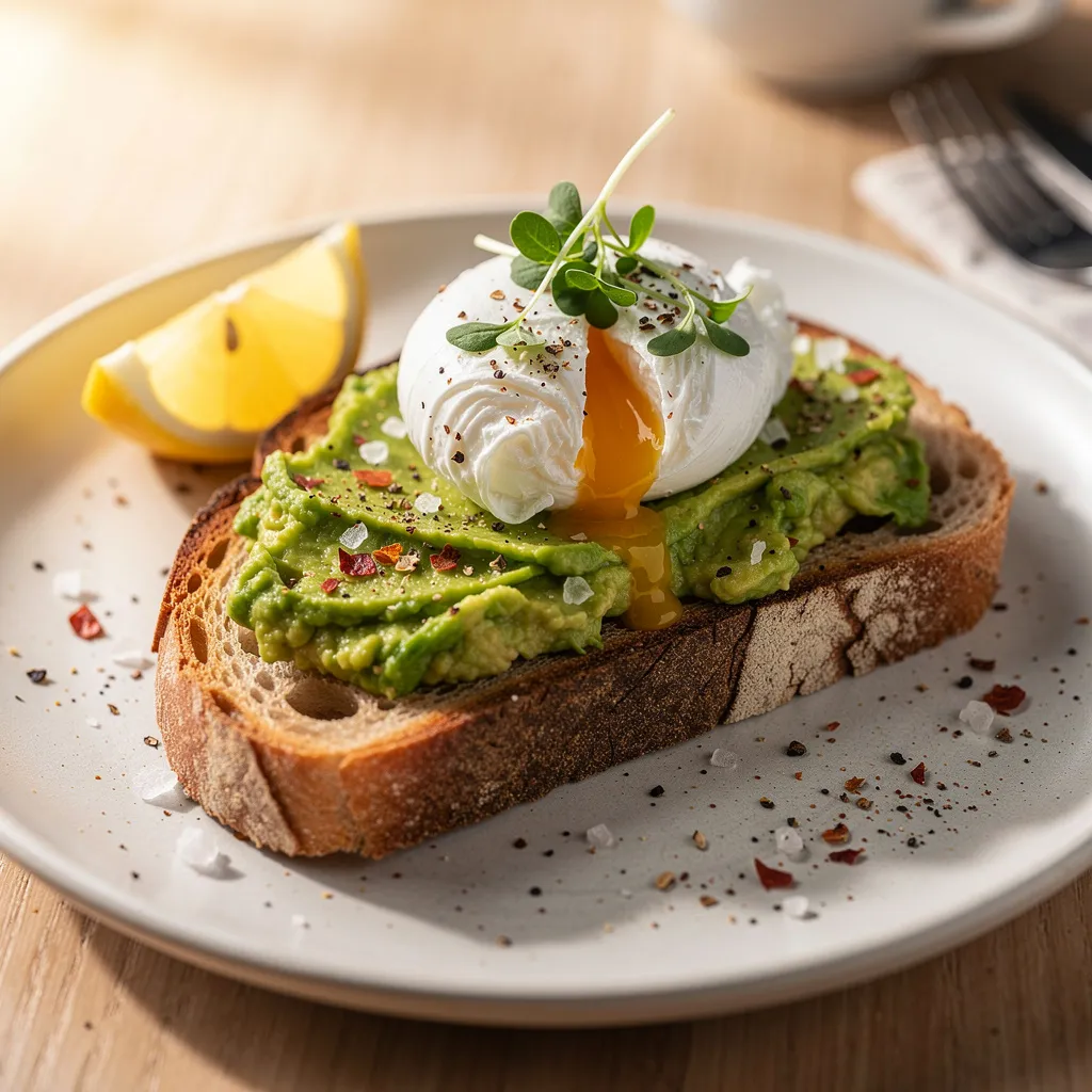 Fresh avocado toast topped with a perfectly poached egg and seasoning