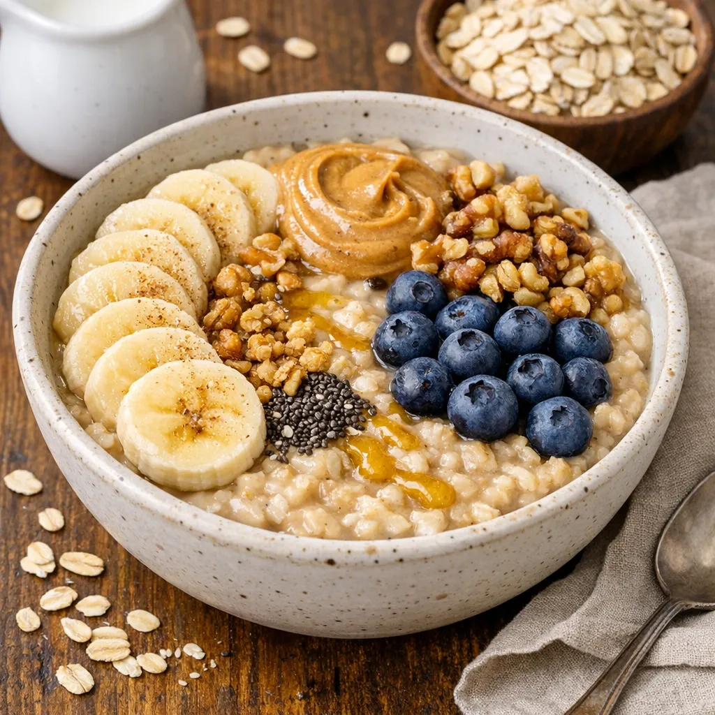 Healthy oatmeal breakfast bowl with sliced bananas and nuts in a white bowl