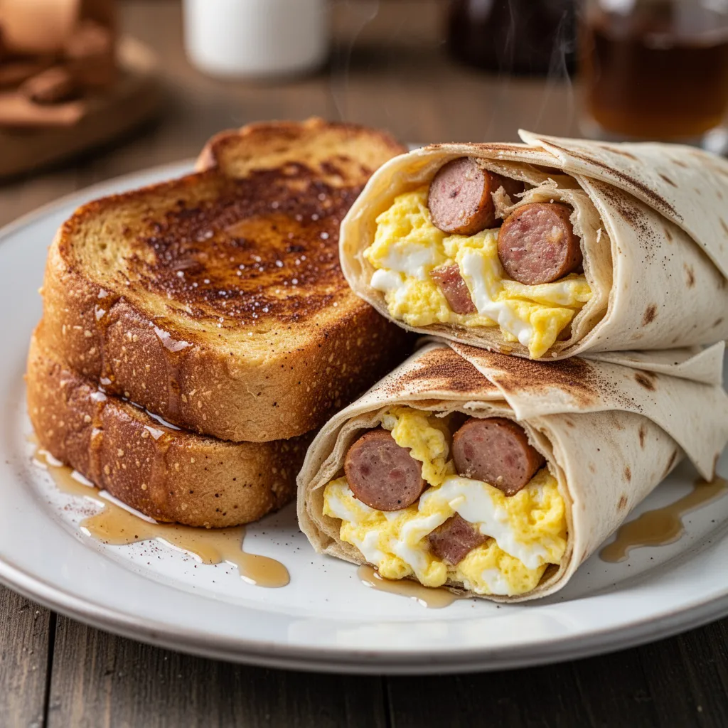 Hearty breakfast burrito filled with scrambled eggs, sausage, and veggies