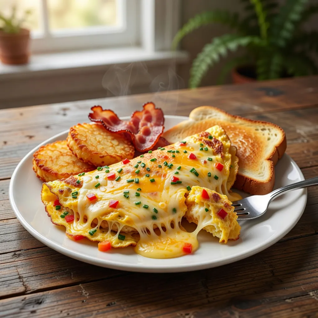 Golden breakfast omelette stuffed with melted cheese and fresh herbs