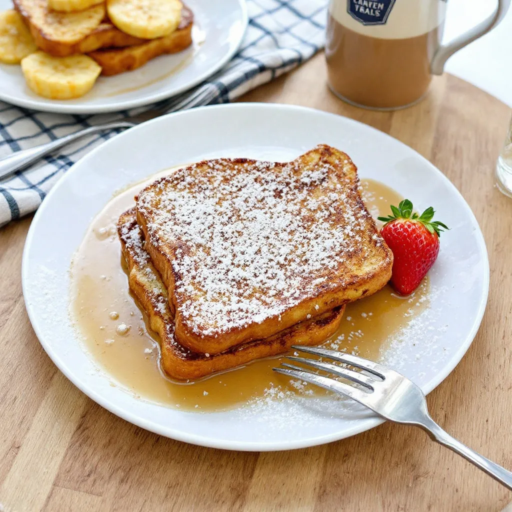 Cinnamon French toast slices topped with powdered sugar and syrup on a plate