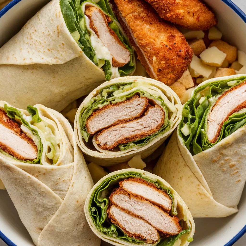 Classic chicken Caesar wrap filled with grilled chicken, lettuce, and creamy dressing