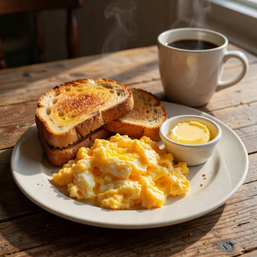 Classic scrambled eggs served with golden toasted bread on a breakfast plate