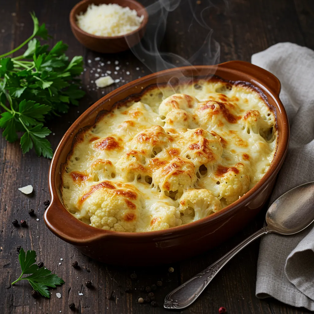 Close‑up of rich, velvety cauliflower florets baked in a luscious cheese sauce, with a perfectly crisped, golden crust, ready to be served as a comforting side dish.