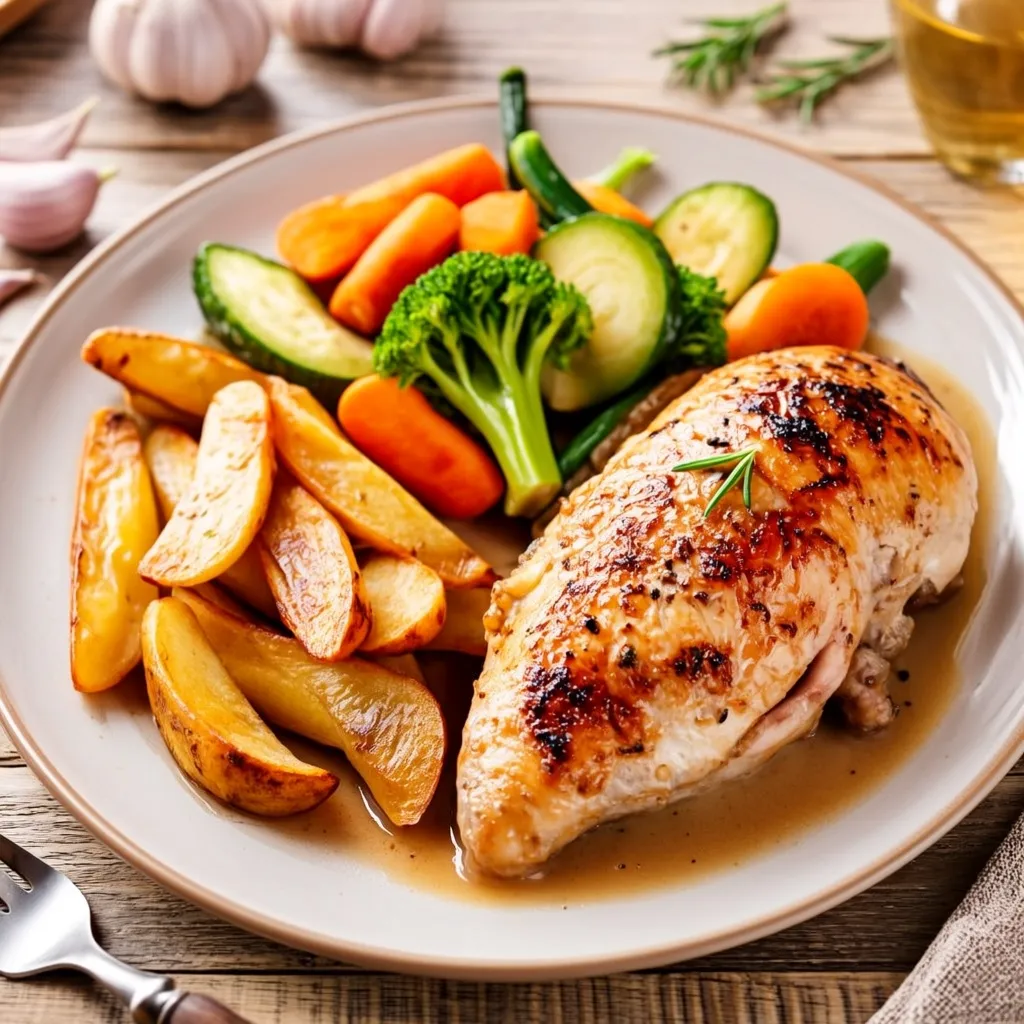 Creamy garlic butter chicken served with sautéed fresh vegetables in a white bowl