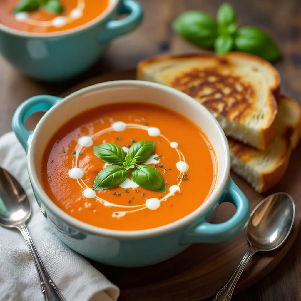 Creamy tomato basil soup served with crispy grilled cheese sandwich
