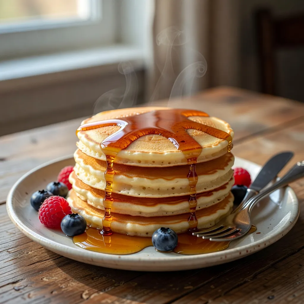 Fluffy homemade pancakes topped with golden maple syrup on a white plate