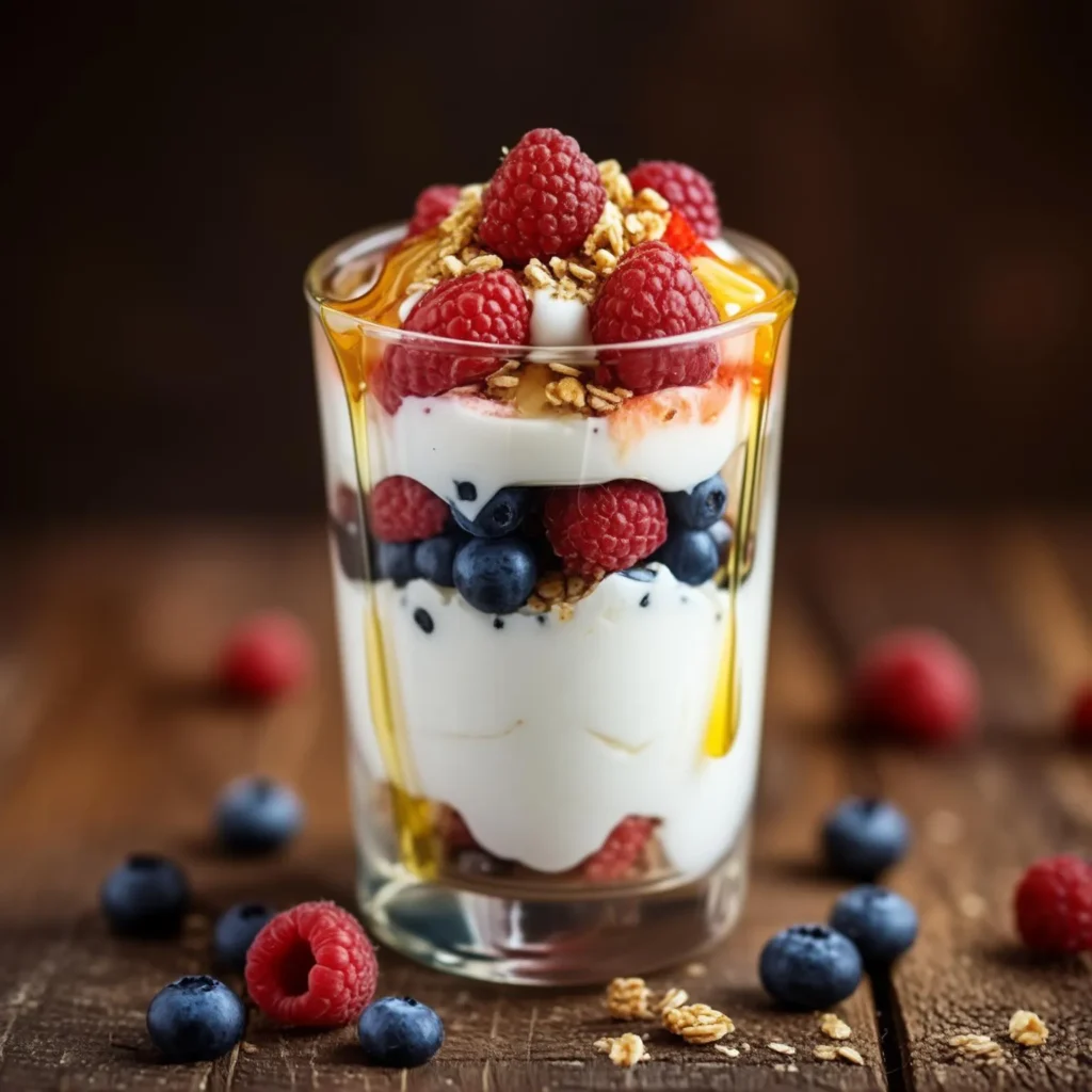 Layered Greek yogurt parfait with fresh strawberries, blueberries, and granola