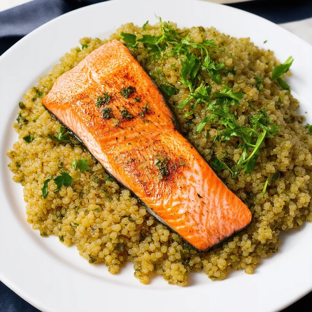 Grilled lemon herb salmon fillet served over fluffy quinoa with fresh herbs