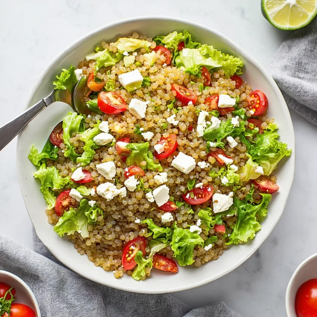 Mediterranean quinoa salad topped with feta cheese, olives, and cherry tomatoes