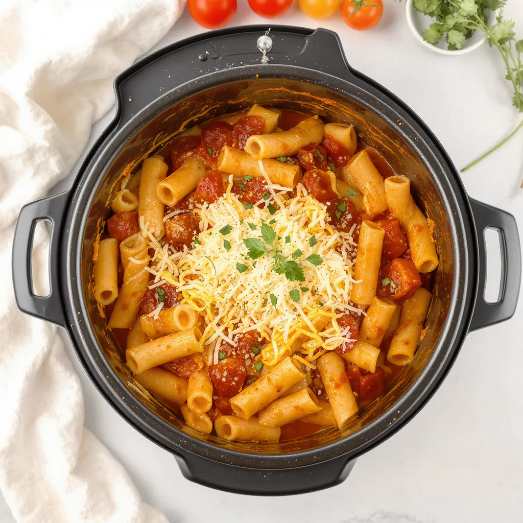 One-pot cheesy pasta primavera loaded with colorful vegetables and melted cheese