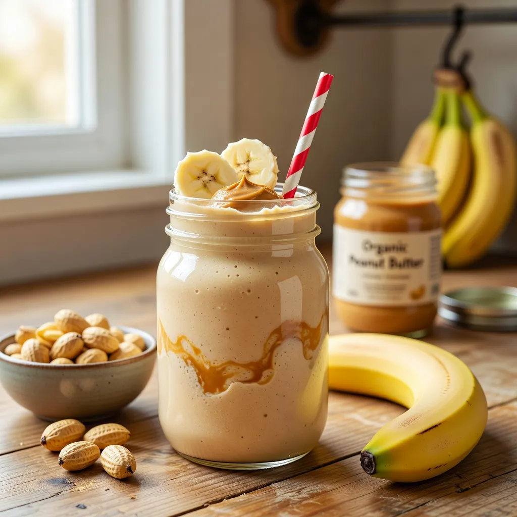 Creamy peanut butter banana smoothie served in a tall glass with a straw