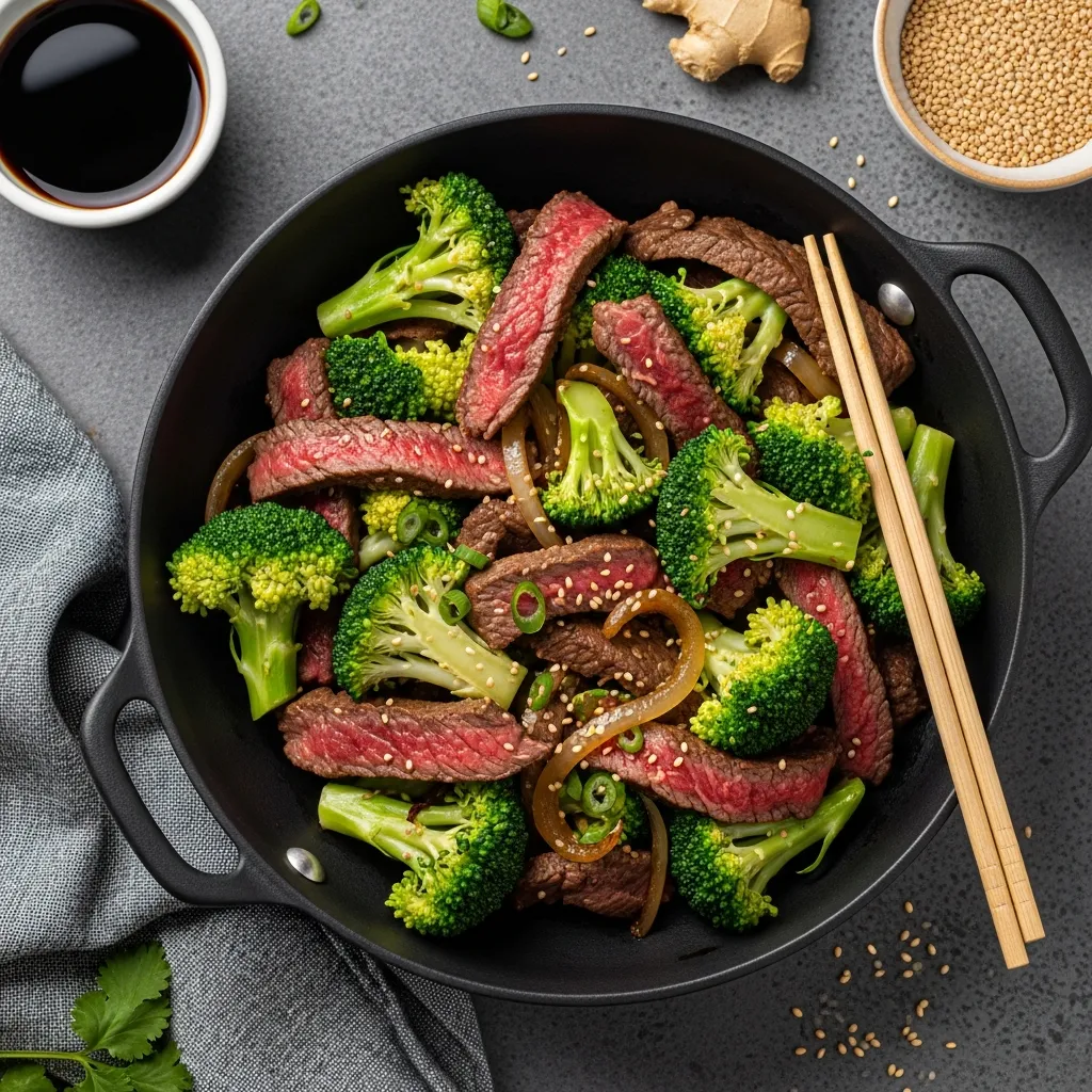 Quick beef and broccoli stir-fry in a savory sauce served in a bowl