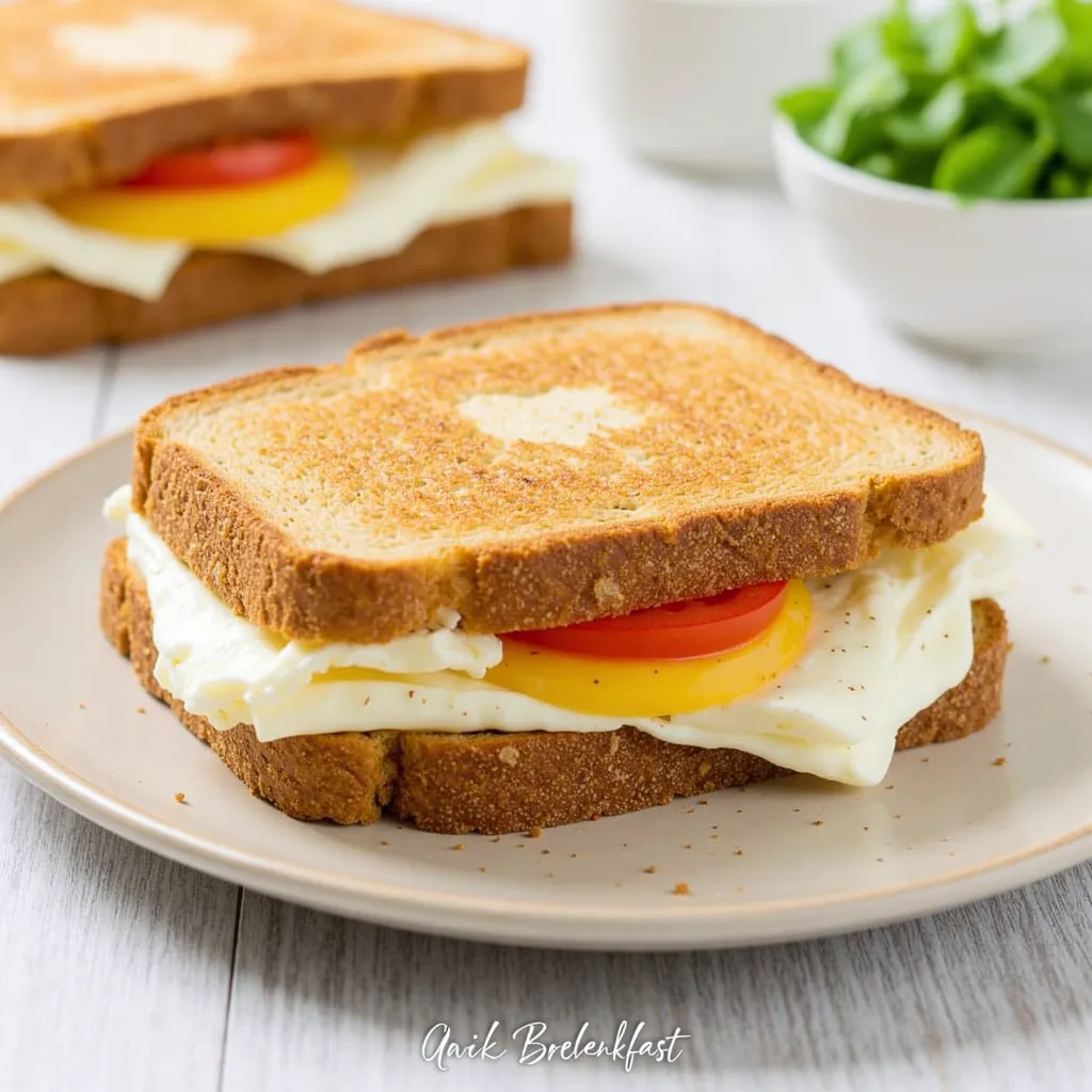 Quick breakfast sandwich with fried egg and melted cheddar cheese on toasted bread