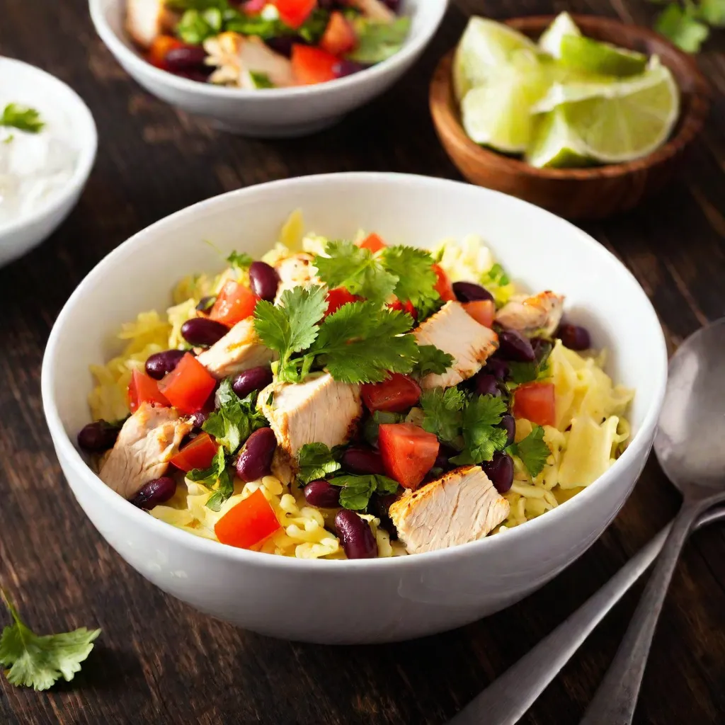 Southwest chicken and black bean burrito bowl with rice, corn, and avocado slices