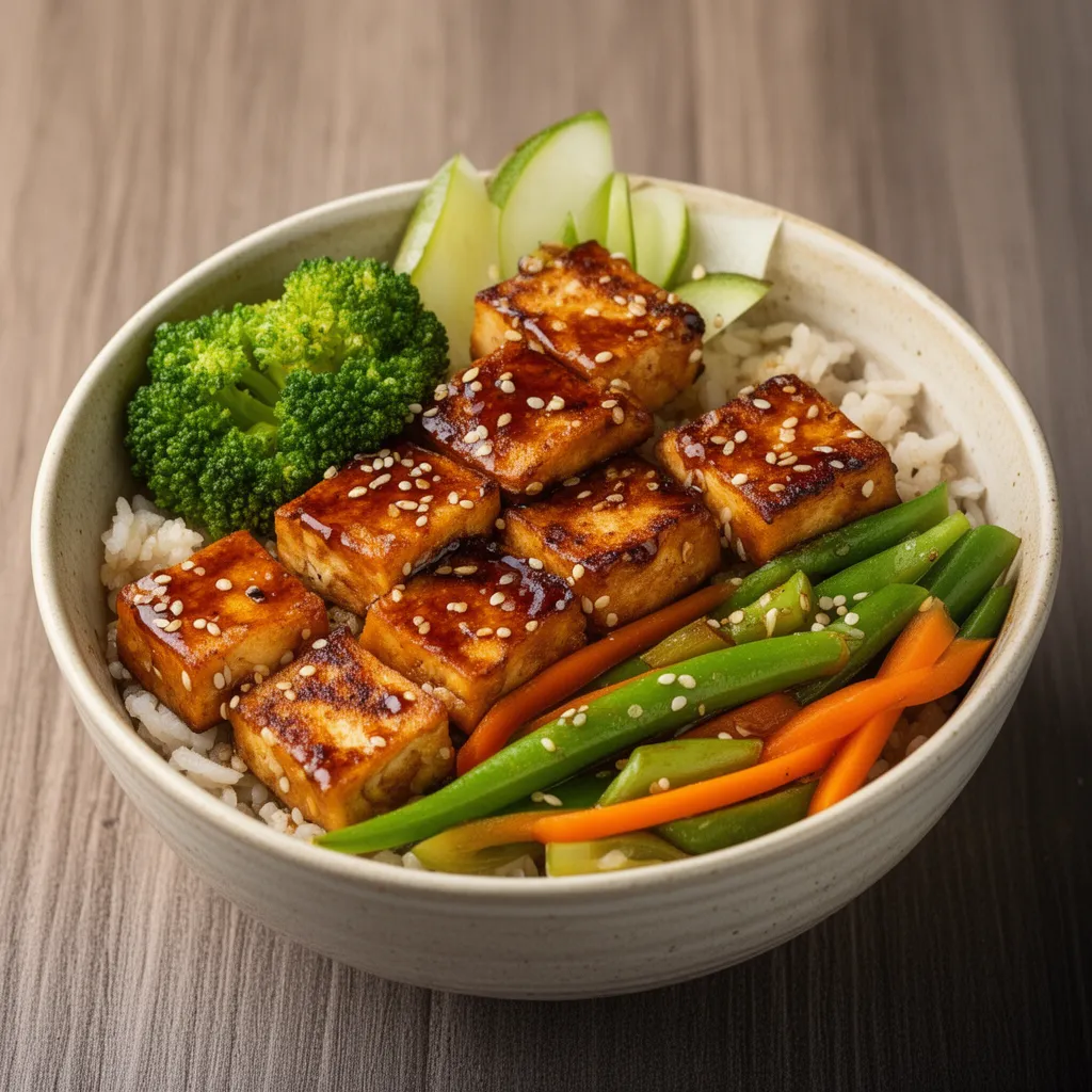Teriyaki tofu and vegetable bowl with broccoli, carrots, and sesame seeds