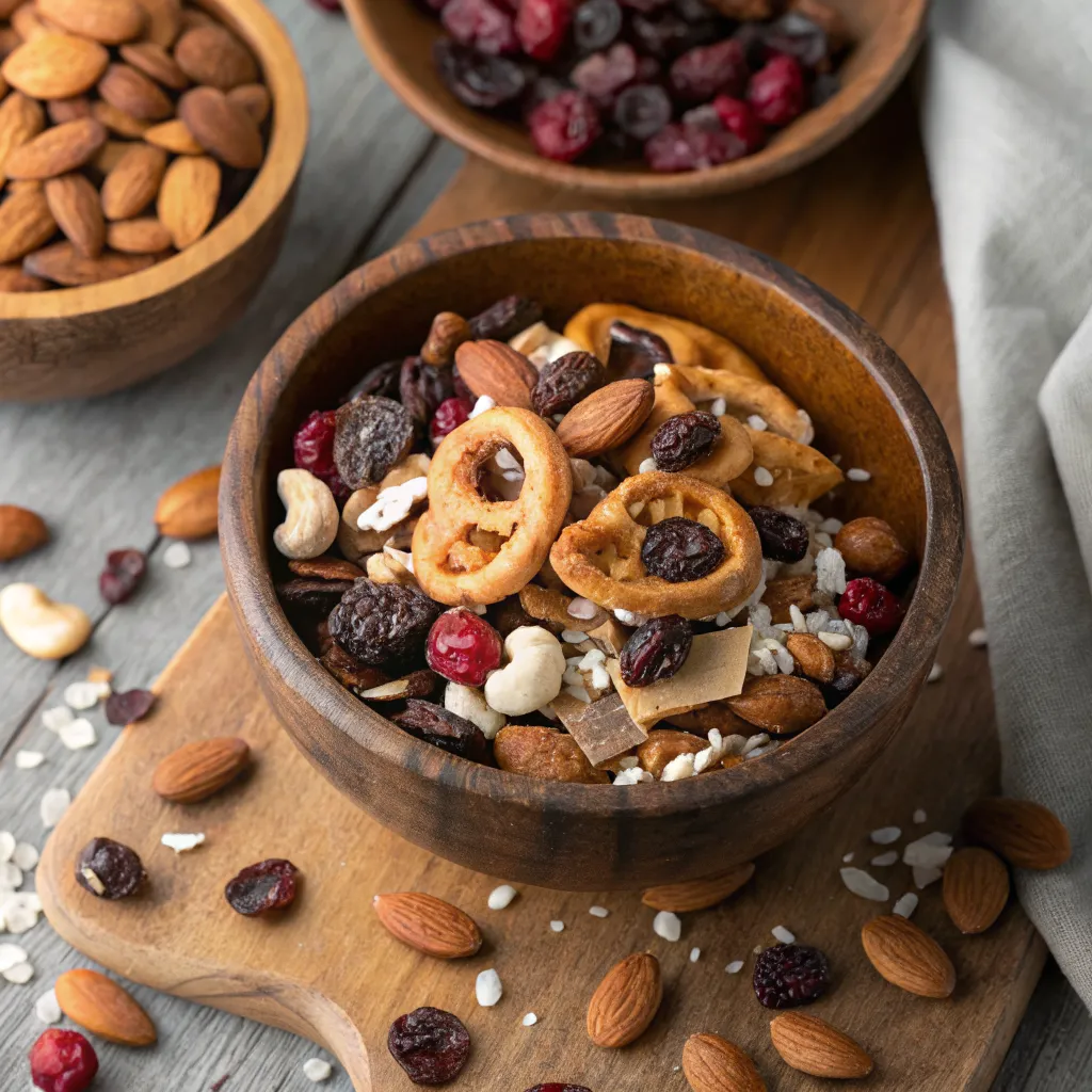 Homemade sweet‑and‑salty trail mix freshly baked – roasted peanuts, sunflower seeds, dried cherries, sea‑salt flakes and cocoa nibs in a ceramic bowl.