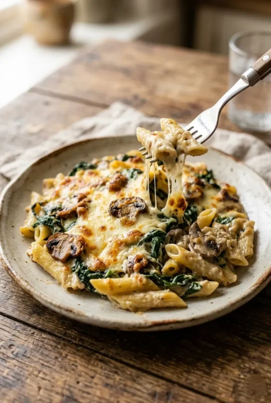 Baked Pasta with Spinach and Mushrooms is a creamy, cheesy, and easy dinner recipe loaded with flavor. Perfect vegetarian comfort food for busy weeknights.