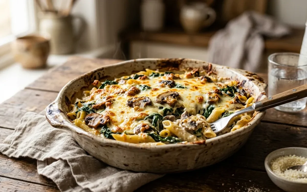 Baked Pasta with Spinach and Mushrooms (Creamy & Easy)