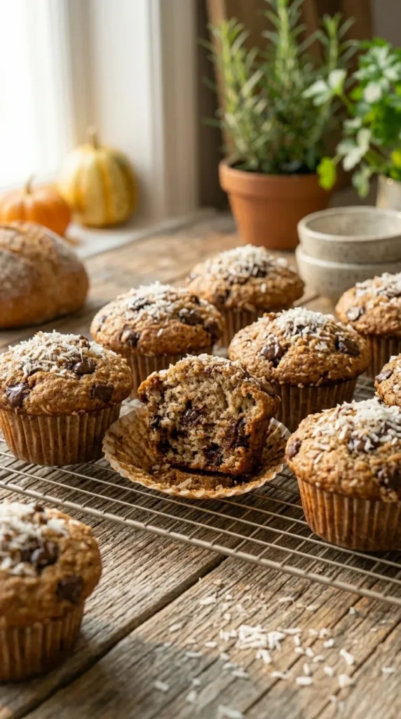 A batch of freshly baked, fluffy coconut banana chocolate chip muffins cooling on a wire rack, showcasing their perfectly risen domes and golden crusts, ready to be enjoyed.