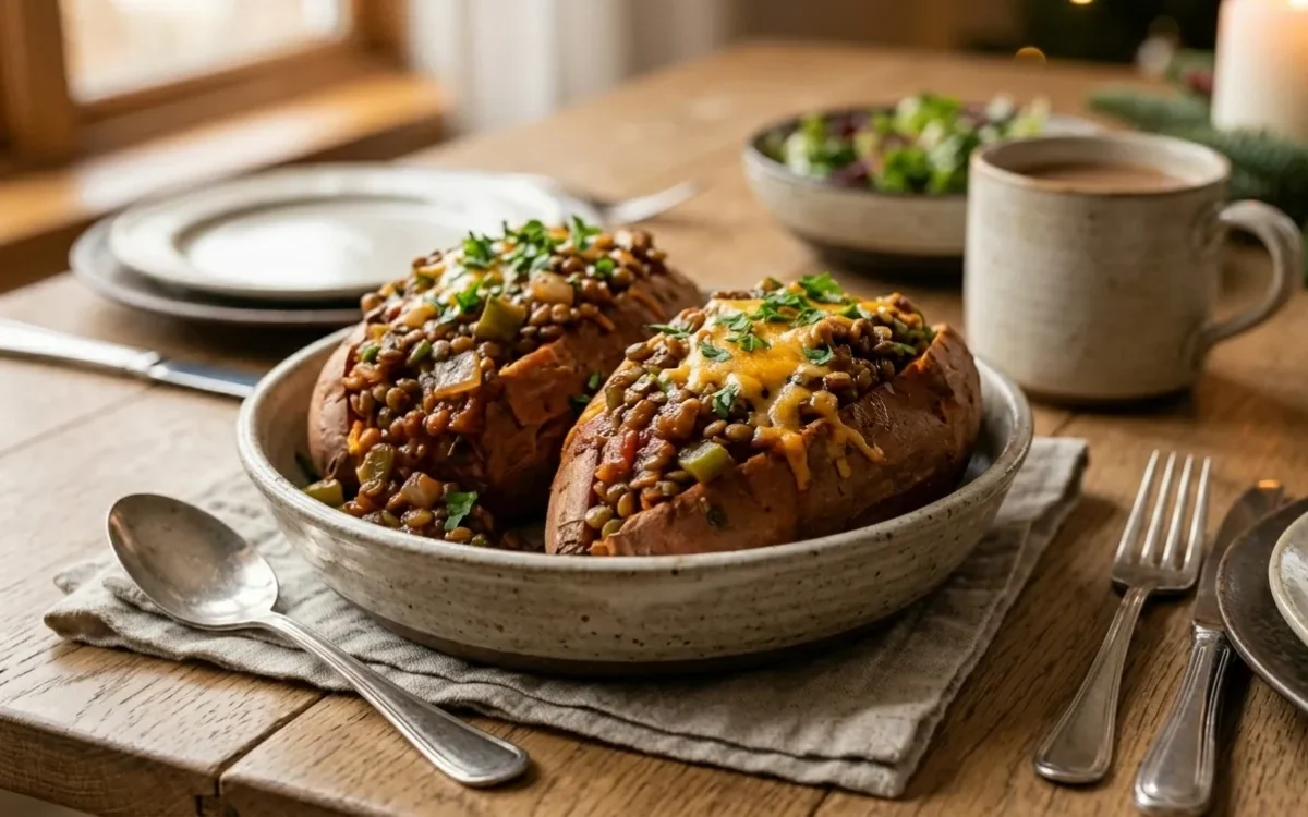 15 Minute Lentil Sloppy Joe Stuffed Sweet Potatoes