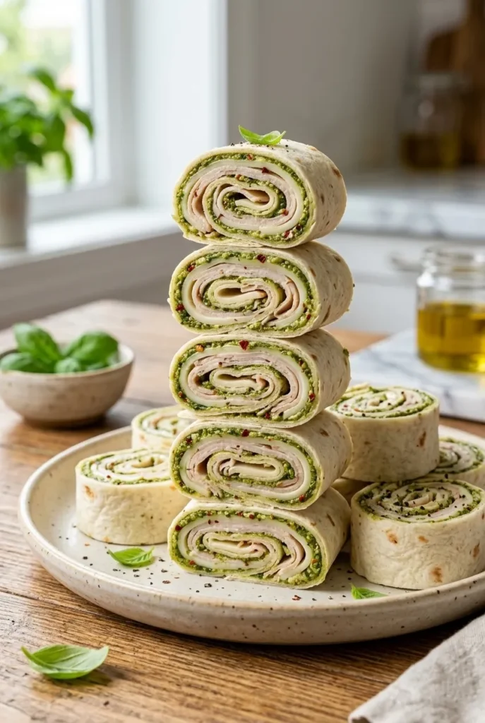 Pesto Turkey Pinwheels with Smoked Provolone – Easy Lunch Wraps in 10 Minutes