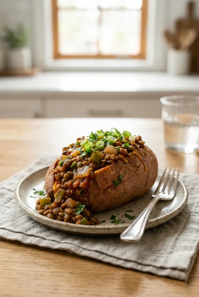 15 Minute Lentil Sloppy Joe Stuffed Sweet Potatoes