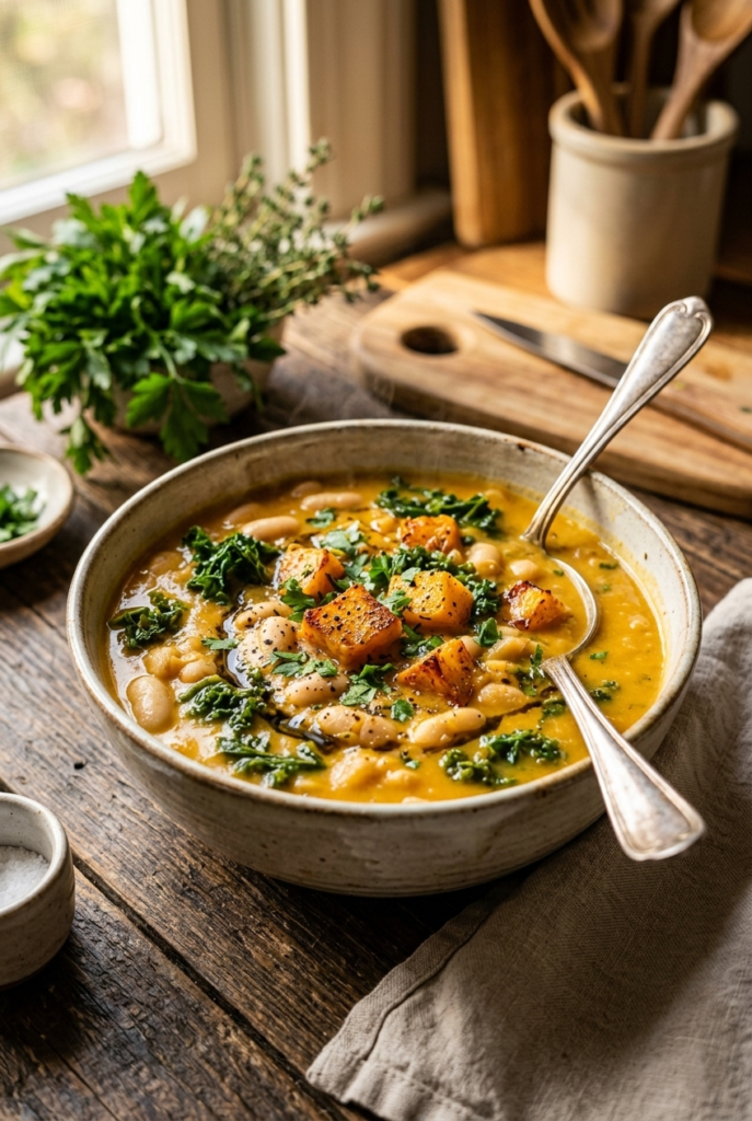 White Bean Kale Roasted Butternut Squash Soup (Hearty & Healthy)