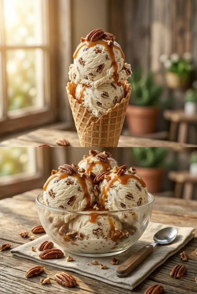 Ingredients Ingredient Quantity Notes Heavy cream 2 cups For creamy texture Whole milk 1 cup Granulated sugar ¾ cup Egg yolks 4 large For custard base Unsalted butter 3 tablespoons Pecans 1 cup Chopped Vanilla extract 1 teaspoon Salt ¼ teaspoon Enhances flavor Brown sugar 2 tablespoons For caramelizing pecans Instructions Step 1: Toast the Pecans In a skillet, melt butter over medium heat. Add chopped pecans and brown sugar. Cook for 3–5 minutes until fragrant and lightly caramelized. Set aside to cool. Step 2: Heat Cream Mixture In a saucepan, combine heavy cream, milk, sugar, and salt. Heat over medium until warm but not boiling. Step 3: Prepare Custard In a bowl, whisk egg yolks. Slowly pour a small amount of warm cream mixture into the yolks while whisking (to temper the eggs). Step 4: Cook Custard Pour mixture back into saucepan and cook on low heat, stirring constantly until thick enough to coat the back of a spoon. Step 5: Chill Base Remove from heat and stir in vanilla extract. Refrigerate mixture for 2–3 hours or until fully chilled. Step 6: Churn Ice Cream Pour chilled mixture into an ice cream maker and churn according to manufacturer instructions. Step 7: Add Pecans Fold toasted pecans into churned ice cream and transfer to a freezer-safe container. Step 8: Freeze Freeze for 3–4 hours until firm. Tips for Perfect Butter Pecan Ice Cream Toasting pecans enhances the nutty flavor. Chill the custard base completely before churning. Use high-quality vanilla extract for best flavor. Add a drizzle of caramel sauce for extra richness. Serving Ideas Serve in waffle cones Top with caramel sauce Add whipped cream Pair with warm brownies or pie Storage Store in airtight container in freezer up to 2 weeks. Cover surface with parchment paper to prevent ice crystals.