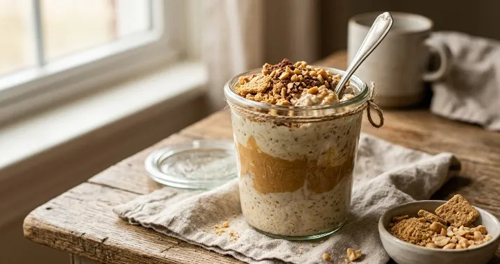 Peanut Butter Cheesecake Overnight Oats (Healthy & Creamy)