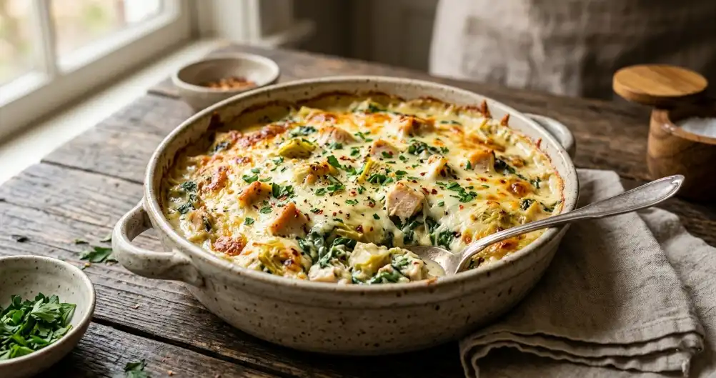 Spinach Artichoke Chicken Casserole – Creamy & Cheesy Dinner Bake