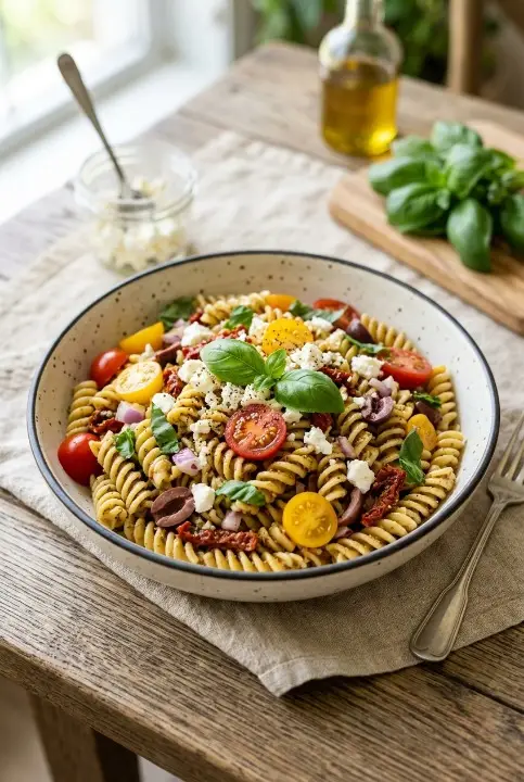 Easy Sun-Dried Tomato Pasta Salad Recipe with Fresh Ingredients and Feta Cheese
