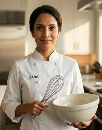 Chef Zara Khan smiling warmly in a modern kitchen, wearing a professional white chef's coat and holding a whisk.