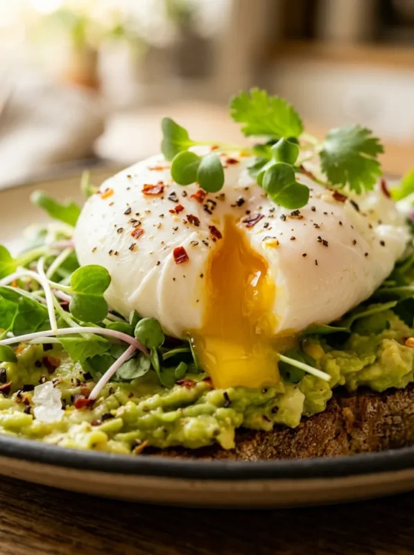 A close-up view of a healthy avocado toast recipe with poached egg and greens served on whole wheat bread