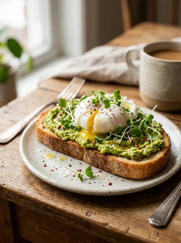 A close-up view of a healthy avocado toast recipe with poached egg and greens served on whole wheat bread