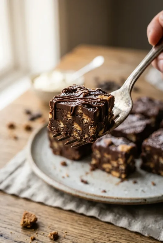 A closeup of easy no bake chocolate dessert with chocolate drizzled on top and a smooth consistency