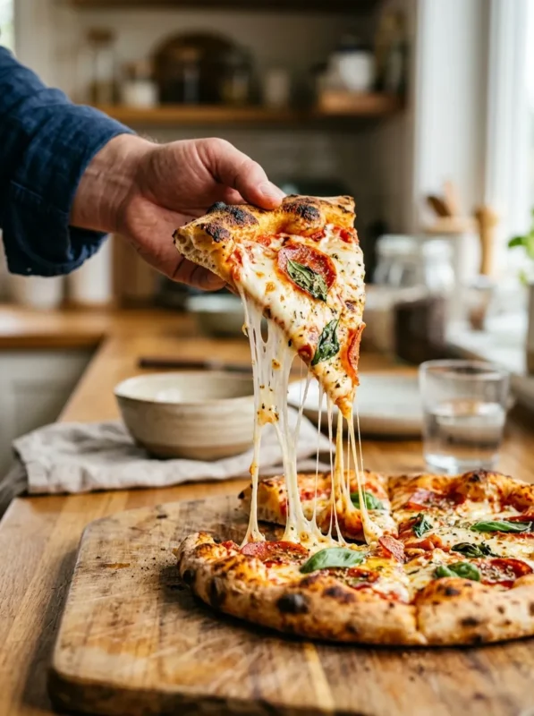 Close-up slice of no yeast pizza with cheese stretch and crispy crust