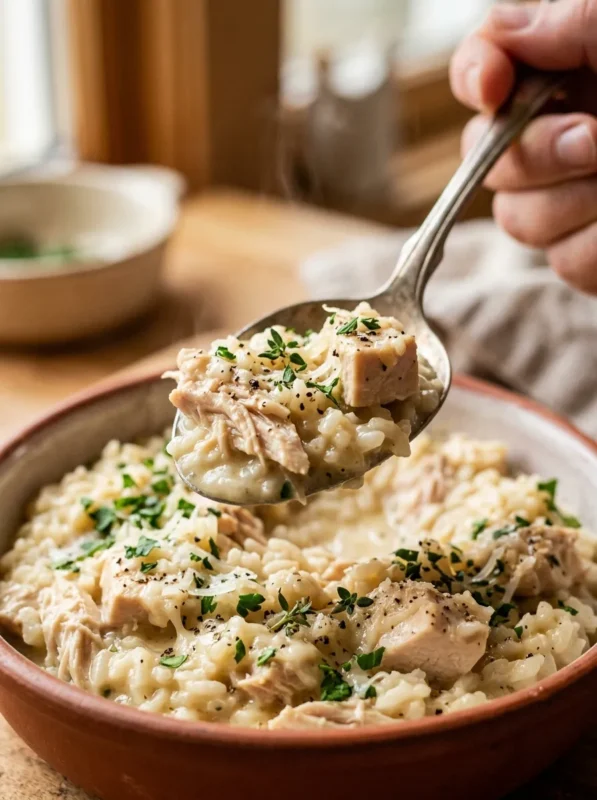 A close-up shot of creamy chicken and rice served in a spoon