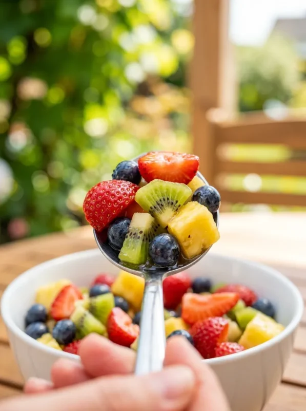 Close-up of fresh fruit salad with honey dressing being served