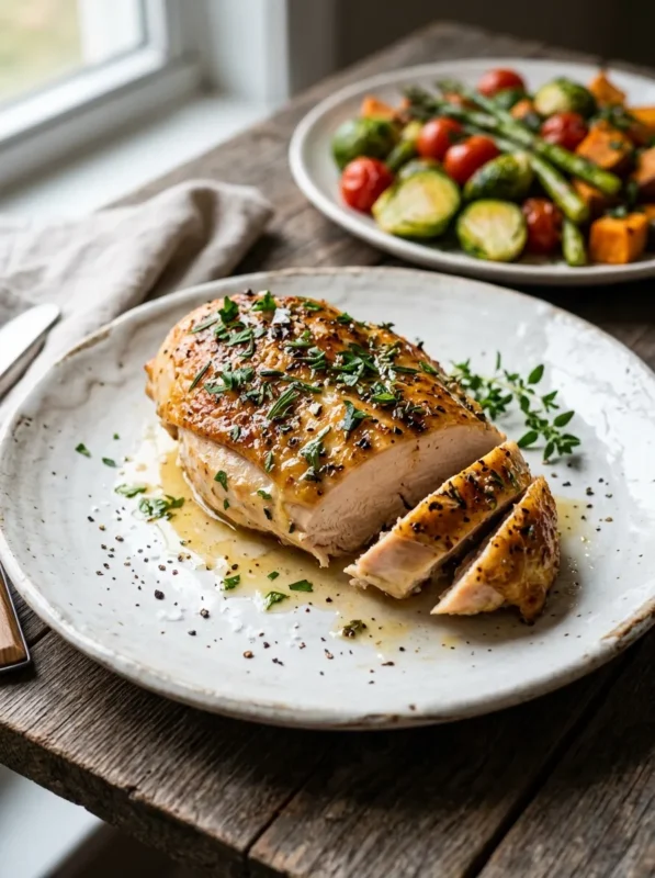 Healthy baked chicken breast served with herbs and roasted vegetables close-up vertical shot