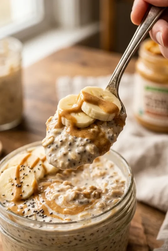 Close-up shot of healthy peanut butter banana overnight oats on spoon