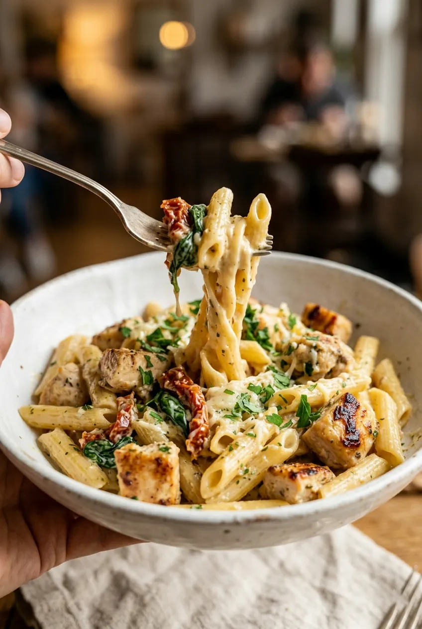Pasta with creamy chicken, spinach, and sundried tomatoes, and parmesan cheese, served in a contemporary bowl, is ready to be consumed