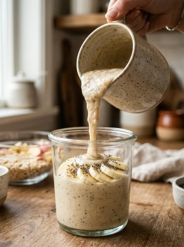 Close up of banana smoothie being poured into a glass with toppings