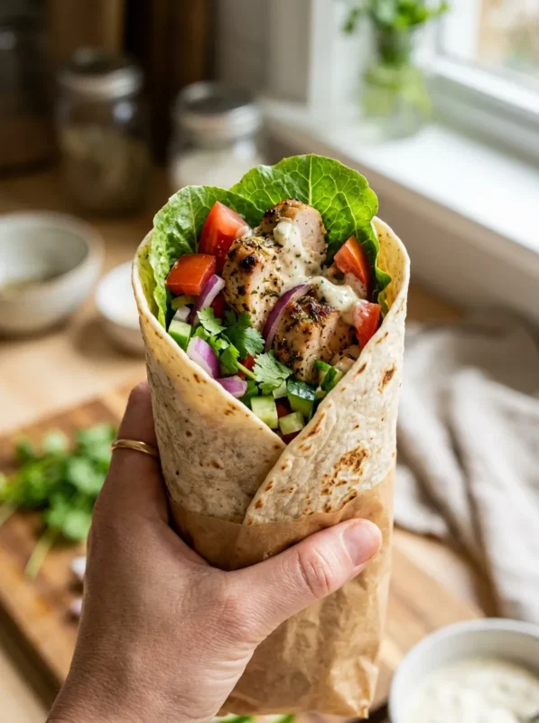 Healthy chicken veggie wrap close-up with fresh ingredients visible inside tortilla
