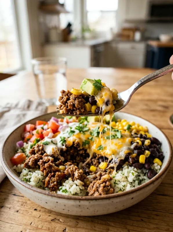 Quick and Easy Ground Beef Taco Bowl Recipe (20-Min Meal) – a healthy, colorful, and protein-packed taco bowl ready in just 20 minutes.