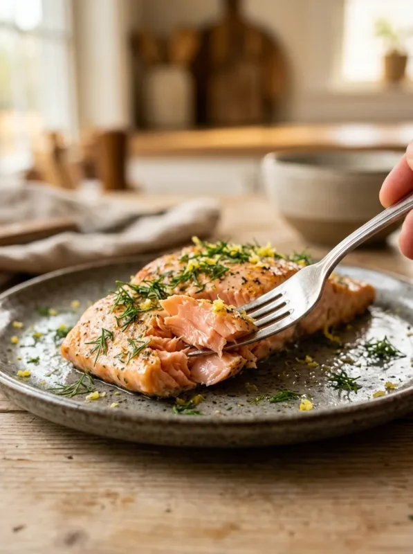 Close-up shot of flaky air fryer salmon that is being torn with a fork