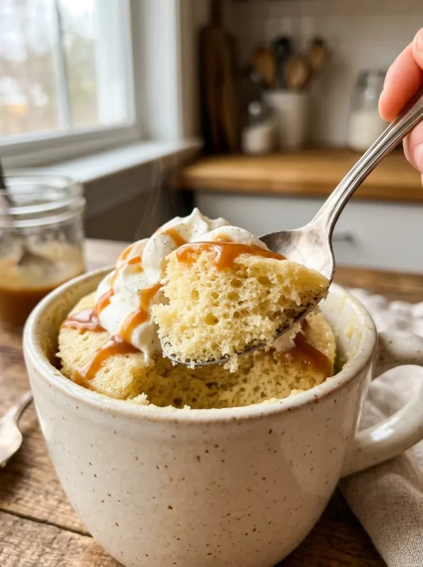 Close-up of soft vanilla mug cake being scooped from a mug with creamy texture
