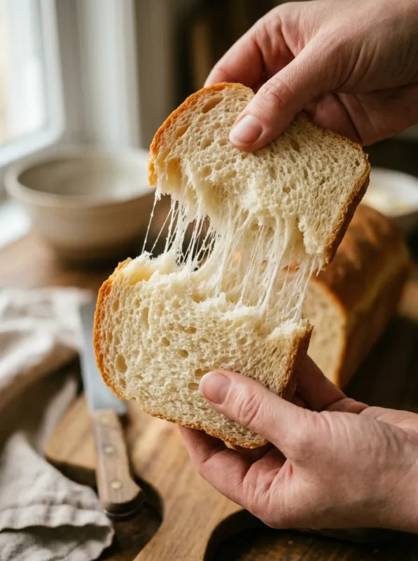 A closeup of soft and fluffy homemade sandwich bread getting sliced